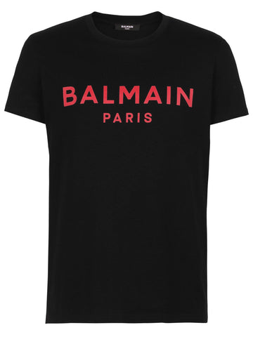Brand printed in red featuring on Black t-shirt