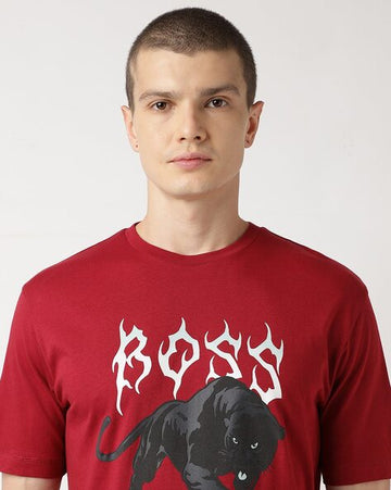 Seasonal Graphic Print Regular Fit Red Cotton T-Shirt