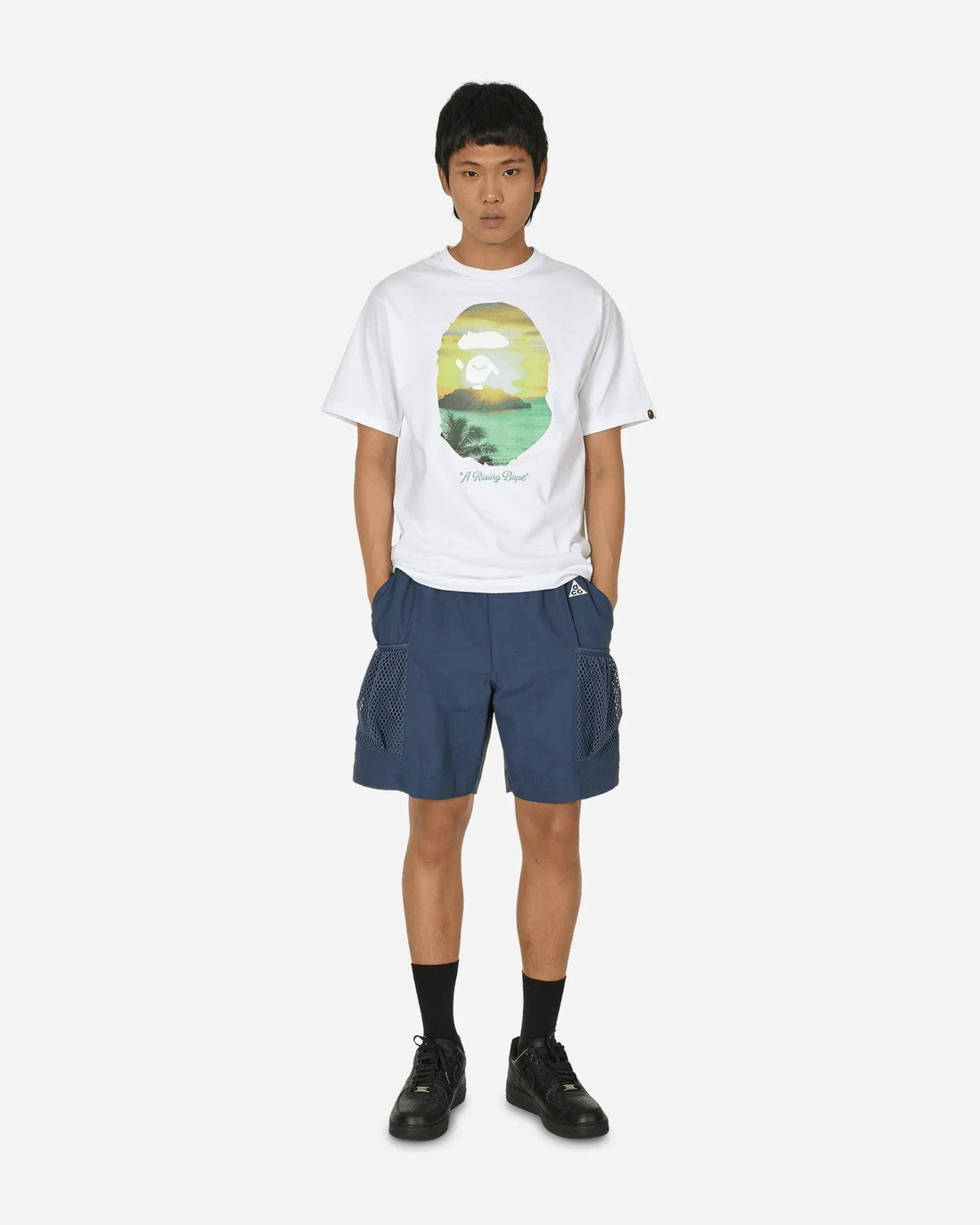 Men White A Rising BAPE Ape Head Printed T-Shirt