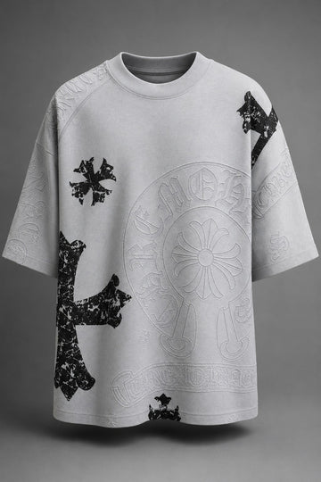Distressed Cross Mixed-Media Oversized Tee