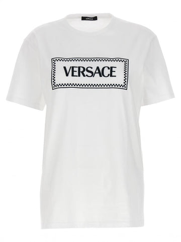 Brand logo displaying on the white t-shirt