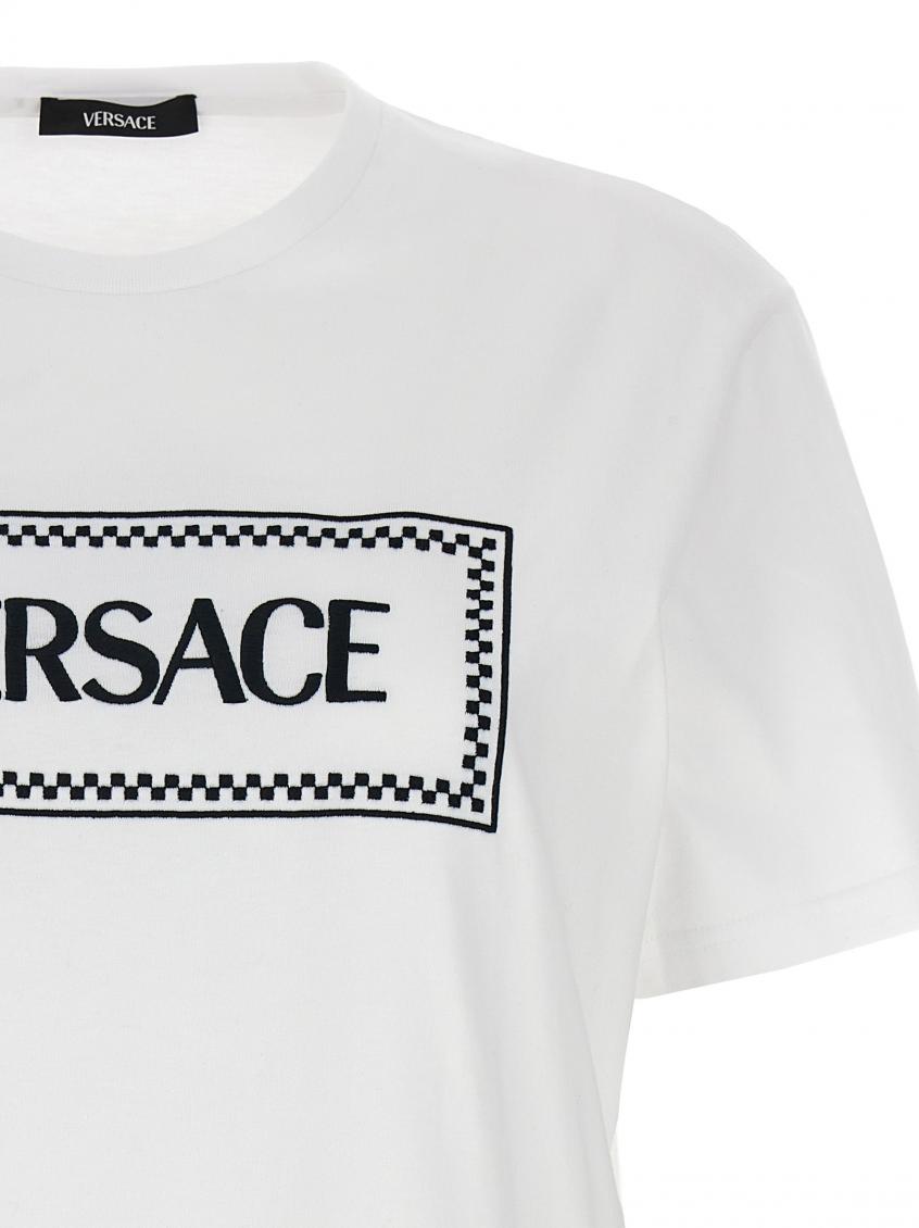 Brand logo displaying on the white t-shirt
