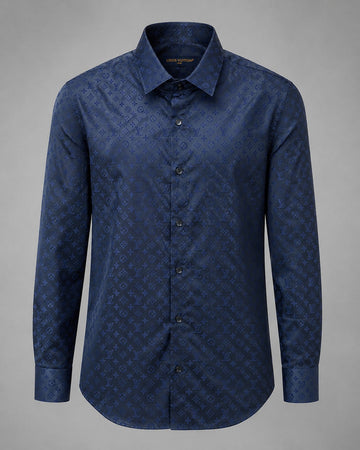 Cyan Damier-Infused Tailored Button-Down Shirt